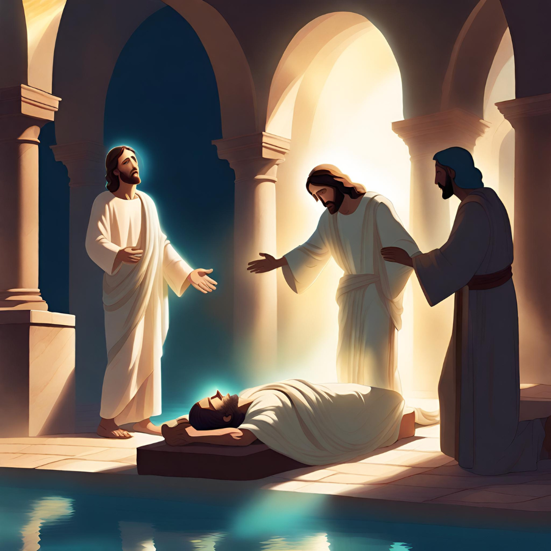 Jesus orando hacia un paralítico a la orilla de una piscina en Betesda. Imagen digital por IA.